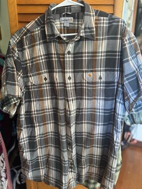 Carhartt Men’s Short-Sleeve Plaid Button-Down Shirt - Brown, Black & Cream